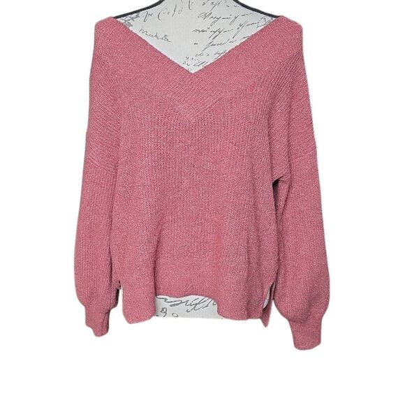 Pink Rose Women's Size Large Pink Mauve V-Neck Ribbed Sweater - Picture 1 of 5